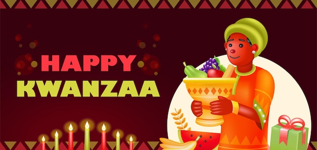 Happy Kwanzaa 3d illustration of african woman carrying fruit and gifts