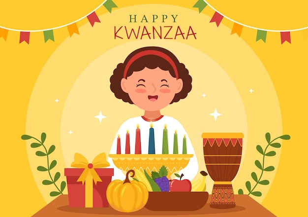 Happy Kwanzaa Holiday 아프리카 손으로 그린 그림 7가지 원칙의 이름 순서로 촛불에