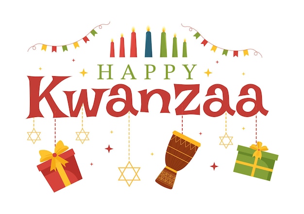 Happy kwanzaa holiday african hand drawn illustration with order of name of 7 principles in candles