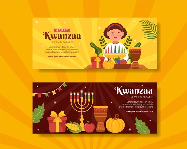 Happy Kwanzaa Holiday African Horizontal Banner Template Ручной обращается мультфильм Плоская иллюстрация