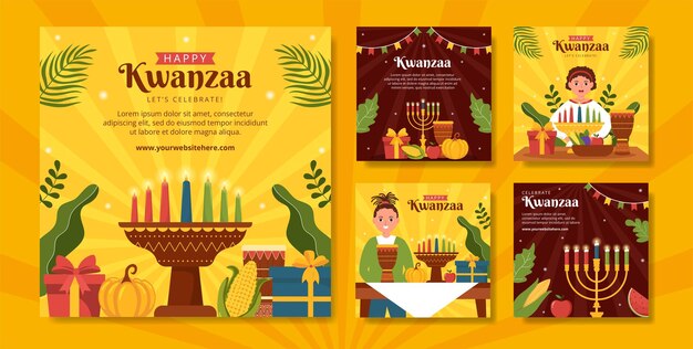 Vector happy kwanzaa holiday african social media ig post template hand drawn cartoon flat illustration