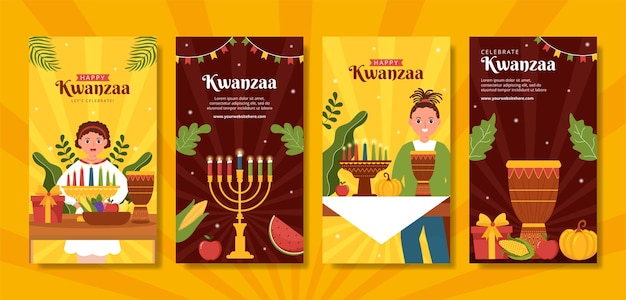 Happy Kwanzaa Holiday Шаблон африканских социальных сетей Ig Stories Нарисованная вручную мультяшная плоская иллюстрация