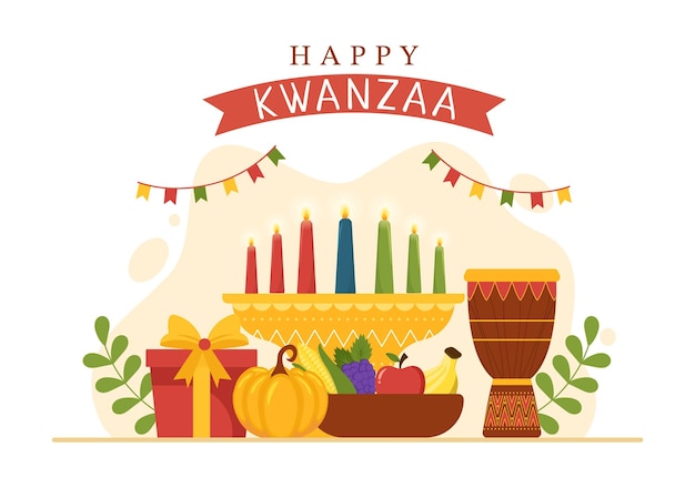 Happy Kwanzaa Holiday Afrikaanse handgetekende illustratie met volgorde van naam van 7 principes in kaarsen