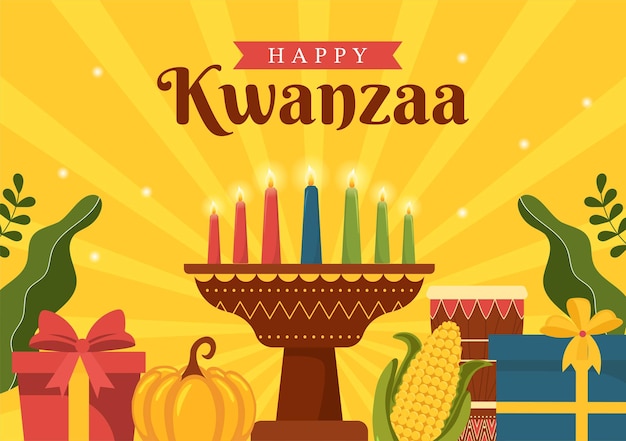 Happy kwanzaa holiday afrikaanse handgetekende illustratie met volgorde van naam van 7 principes in kaarsen