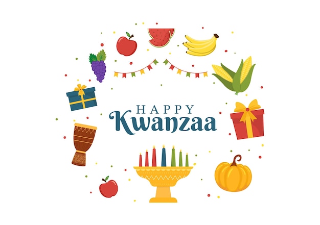 Happy kwanzaa holiday afrikaanse handgetekende illustratie met volgorde van naam van 7 principes in kaarsen