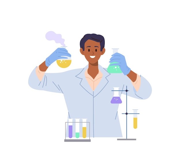 Vector happy lab worker cartoon researcher character holding chemical flask celebrating vaccine discovery