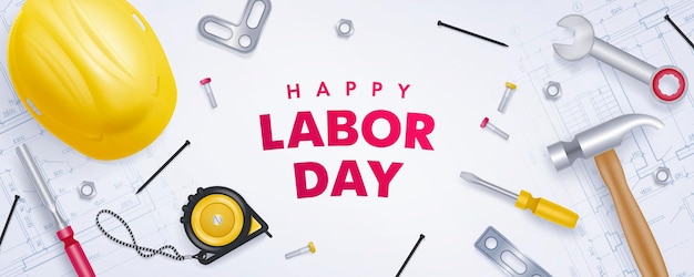 Happy labor day banner with yellow helmet and tools