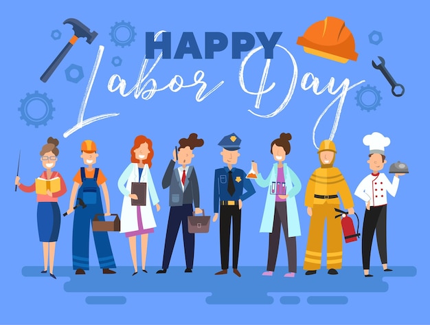 Happy labor day card or poster design with a group of people from the community in different occupat...