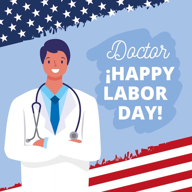 Happy labor day card with doctor cartoon illustration