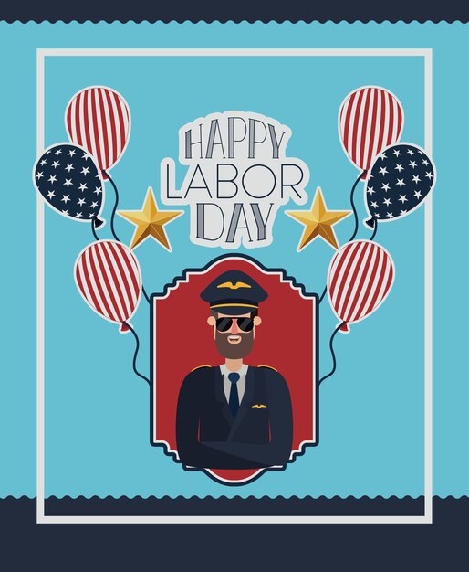 Happy labor day card with pilot and usa flag