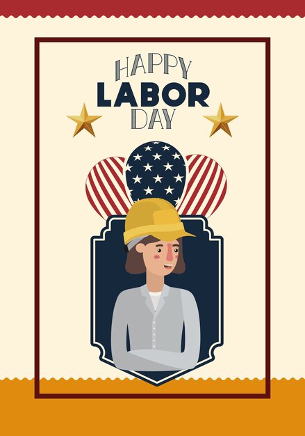 Vector happy labor day card with woman builder and balloons