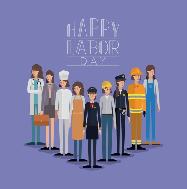 Vector happy labor day card with women workers