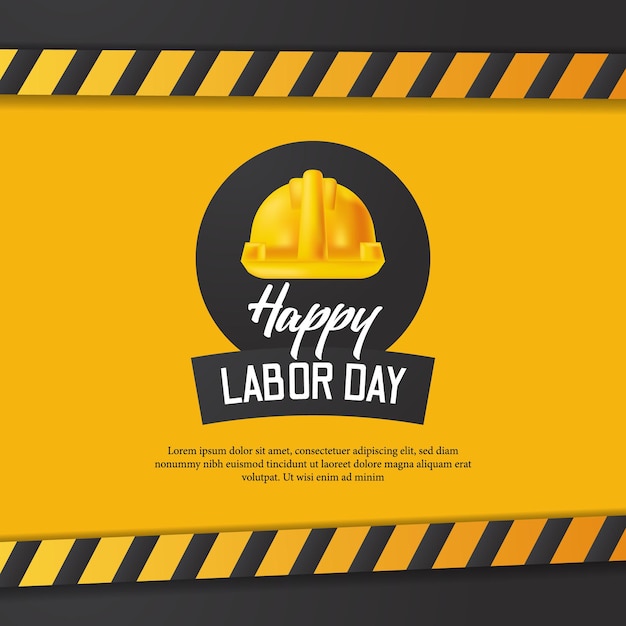 Happy labor day card with yellow line construction and 3d realistic safety helmet with yellow background.