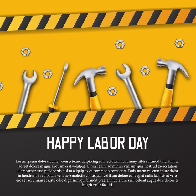 happy labor day card with yellow line construction with 3d realistic hammer, screwdriver and wrench with black and yellow background.