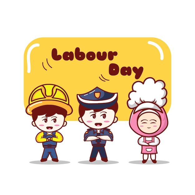 Happy labor day cartoon with various professions police labor and chef