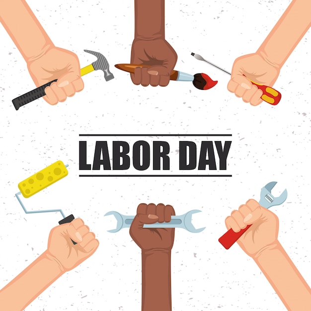 Happy labor day celebration with hands and tools