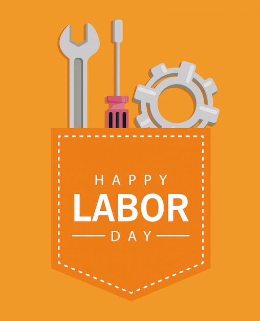 Vector happy labor day celebration with tools and gears in pocket