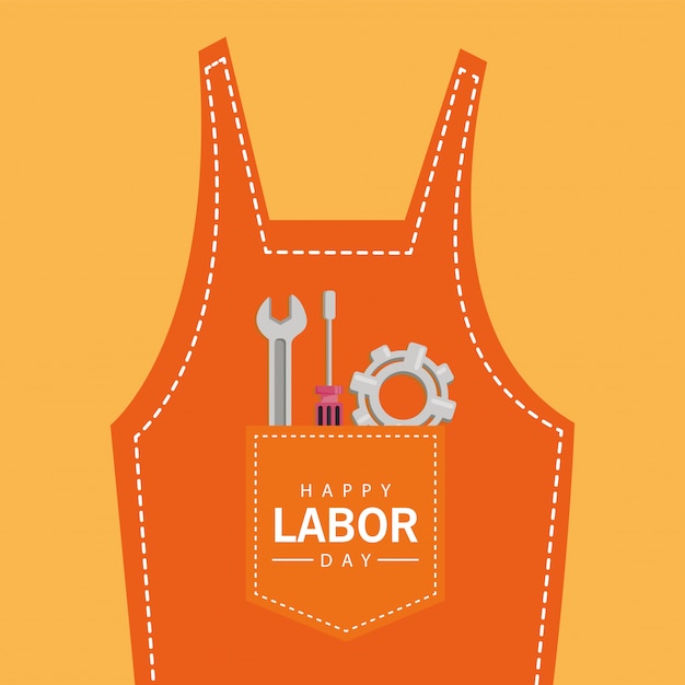 Happy labor day celebration with tools in overalls pocket