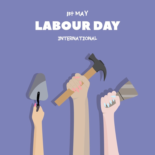 Happy Labor Day. Female hands holders different tools for work. Vector illustration.