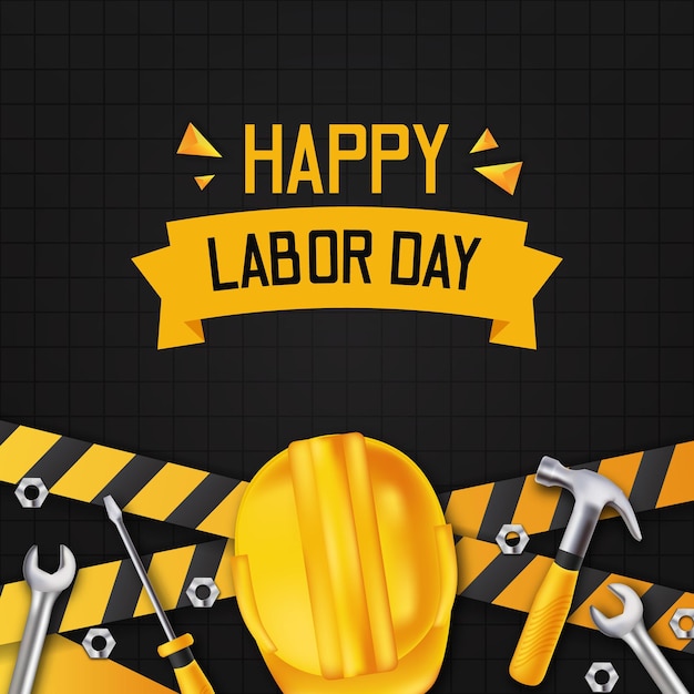 Happy labor day. international worker day with yellow line construction with 3d realistic hammer, safety helmet, screwdriver and wrench with black wall.