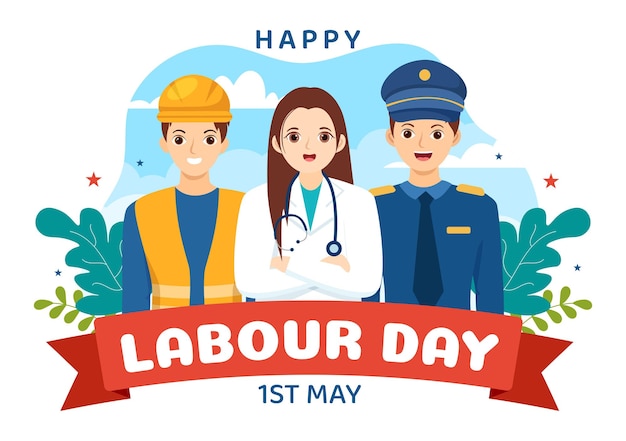 5월 1일 행복한 노동절 다양한 직업을 가진 일러스트레이션 및 모든 근로자에게 감사합니다