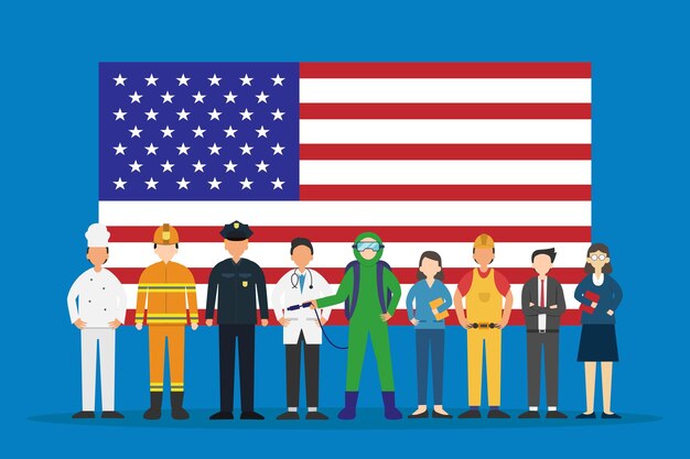 Vettore happy labor day varie occupazioni persone in piedi con la bandiera americana