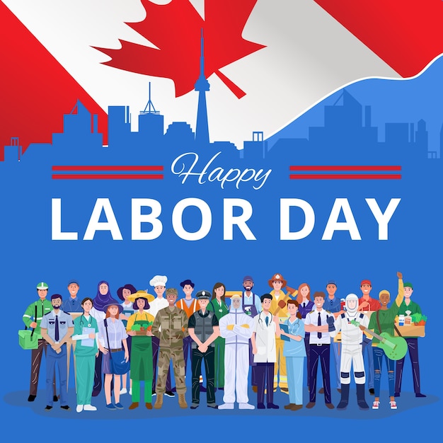 Buona festa del lavoro. varie occupazioni persone in piedi con la bandiera del canada.