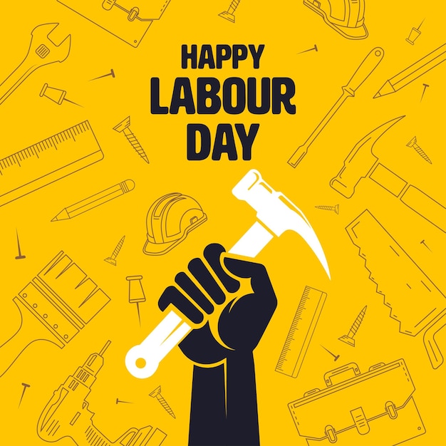 Happy Labor Day Vector achtergrondontwerp sjabloon Hand met een hamer illustratie