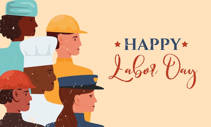 Vector happy labor day vector flat banner illustration with people group of different occupation