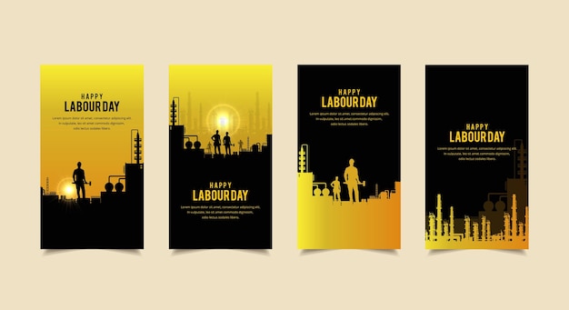 Happy Labor Day Vector met silhouet van arbeiders en fabrieksontwerp Verhalencollectie van de dag van de arbeid
