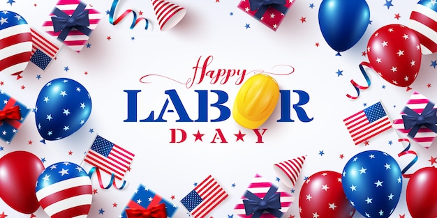 Happy labor day wenskaart, feest met amerikaanse ballonnen vlaggen.