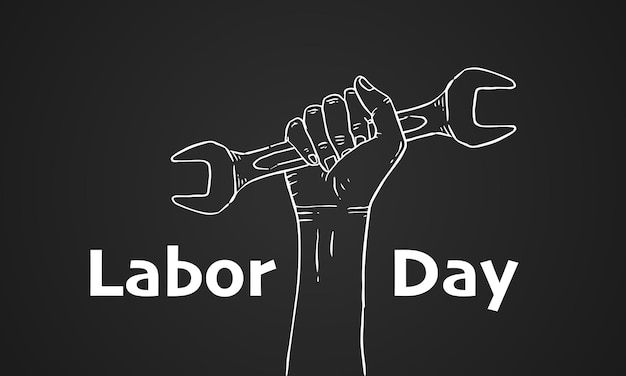 С Днем труда и рабочие правый векторный плакат Празднование строительного инструмента, гаечный ключ в руке. Векторная иллюстрация