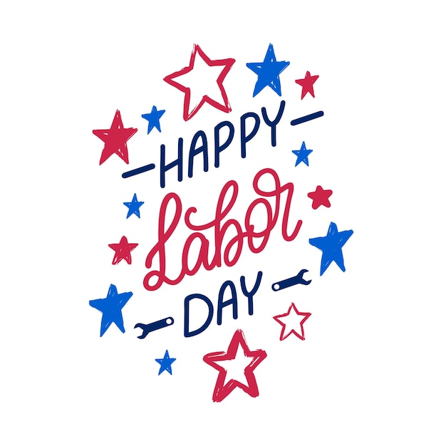 Scritte happy labor dayhand sullo sfondo delle stelle illustrazione vettoriale delle vacanze negli stati uniti per il poster festivo della cartolina d'auguri