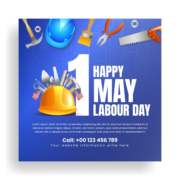 Happy labour day and 1 may day social media post banner or Square flyer with workers illustration