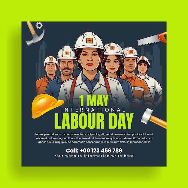 Happy labour day and 1 may day social media post banner or Square flyer with workers illustration