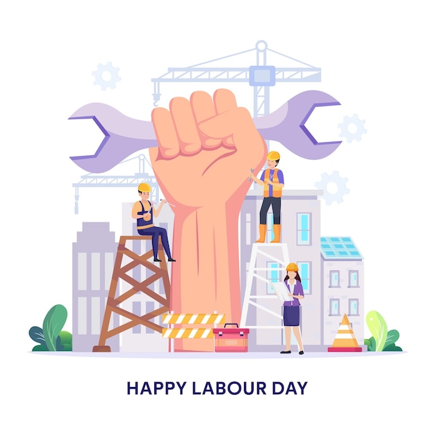 Happy Labour day On 1 May vector illustration Construction workers are working on building