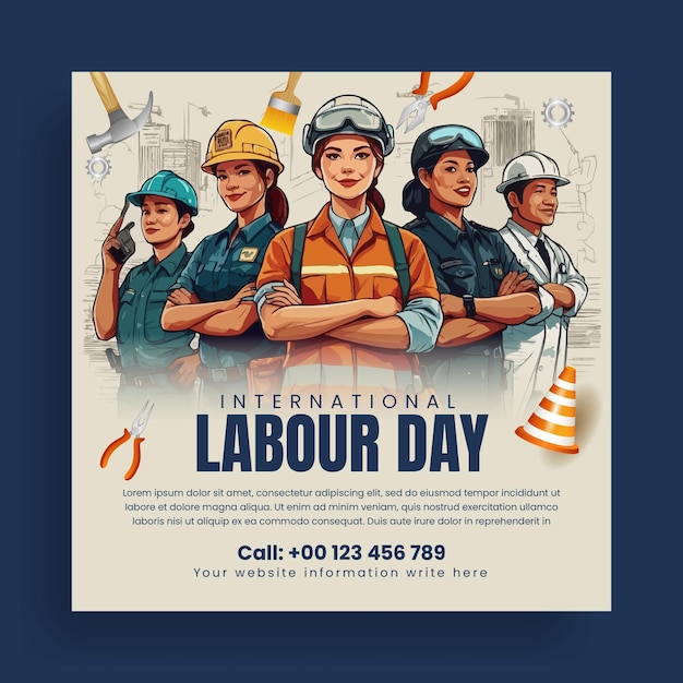 労働者デーと5月1日祝日 - 労働者のイラストを掲げたソーシャルメディアのバナーまたはスクエアのフライヤー