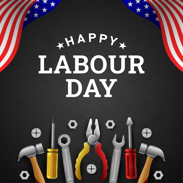 Happy Labour Day Background with American flag Yellow Stripe and Tools