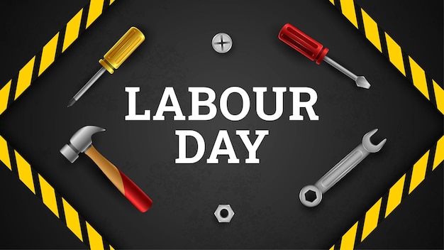 Happy Labour Day Background with Yellow Stripe and Tools