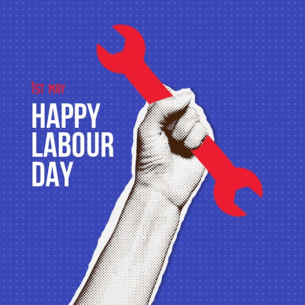 Concept di happy labor day in stile collage a mezza tonalità una mano che tiene una chiave inglese poster del giorno dei lavoratori di maggio