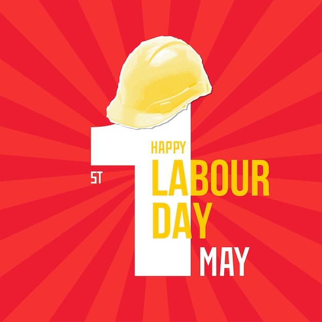 Happy labor day may banner con casco di sicurezza sul numero uno collage vettoriale tipografico a mezza tonalità