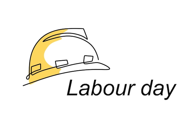 Happy labour day one continuous line drawing of yellow hard hat with lettering labour day safety hard construction hat icon minimalist background banner poster vector illustration