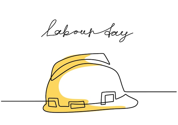 Happy Labour Day One continuous line drawing of yellow hard hat with lettering Labour Day Safety hard construction hat icon minimalist background banner poster Vector illustration