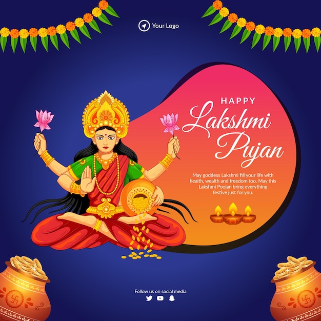 Vettore felice lakshmi pujan indiano festival religioso modello di progettazione banner