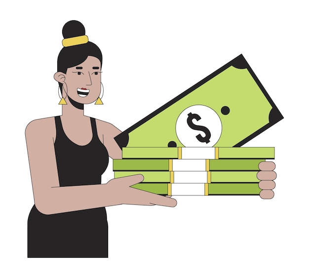 Happy latinamerican stylish woman holding money flat line color vector character Editable outline full body person with mortgage on white Simple cartoon spot illustration for web graphic design