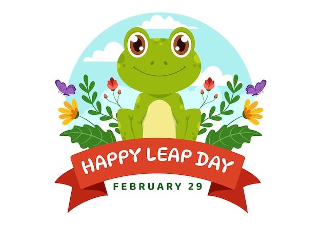 Векторная иллюстрация Happy Leap Day 29 февраля с прыгающими лягушками и дизайном фона пруда