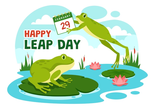 Vector happy leap day vector illustration on 29 february with jumping frogs and pond background design