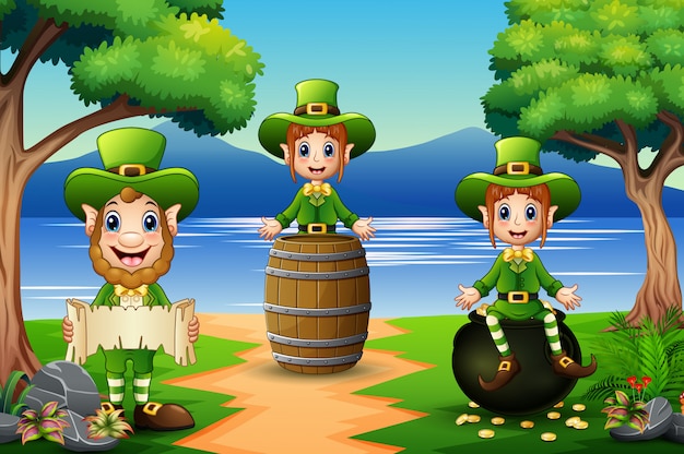 Vector happy leprechaun with black pot of gold