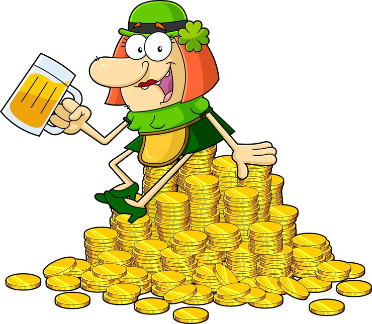 वेक्टर happy leprechaun woman cartoon character with a mug of beer sits on a pile of gold coins