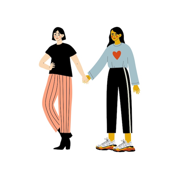 Vector happy lesbian female couple two girls holding hands romantic homosexual relationship vector illustration on white background